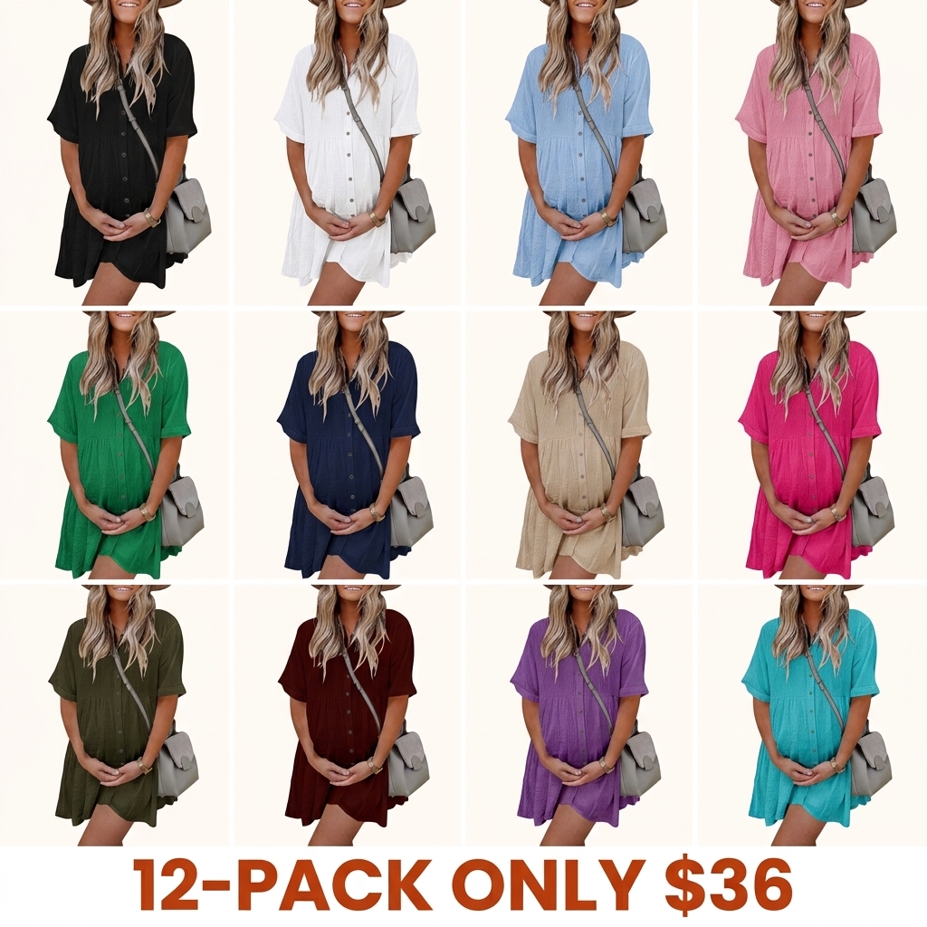 Women's Short-Sleeve Button-Front Textured Mini Dress – Loose, Flowy, Non-Clinging Fit with Pockets