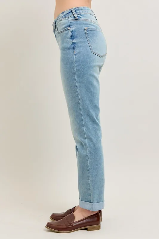 Blue Full Size V-Front Cuff Boyfriend Jeans Plus Size