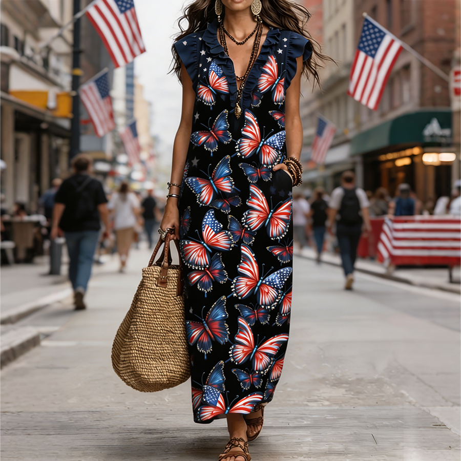 Women's Patriotic American Flag Color Butterfly Print Ruffled Maxi Dress