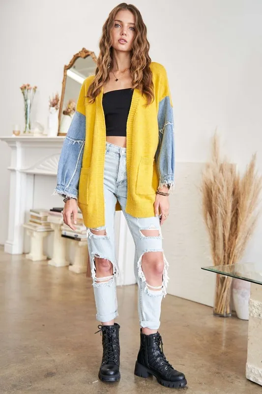 Full Size Frayed Denim Sleeve Sweater Cardigan Plus Size