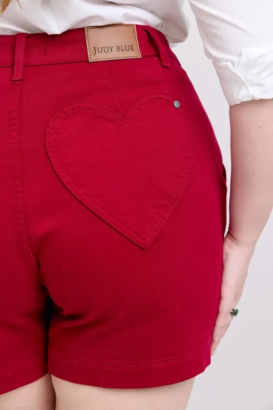 Blue Plus Size High Waist Tummy Control Garment Dyed Heart Shaped Denim Shorts