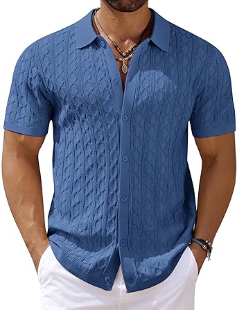 Mens Knit Button Down Shirt Short Sleeve Summer Casual Shirts Vintage Beach Vacation Shirts
