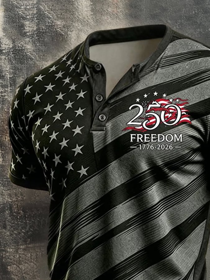 Men's Retro Patriotic Color-Block Short-Sleeve Henley Shirt