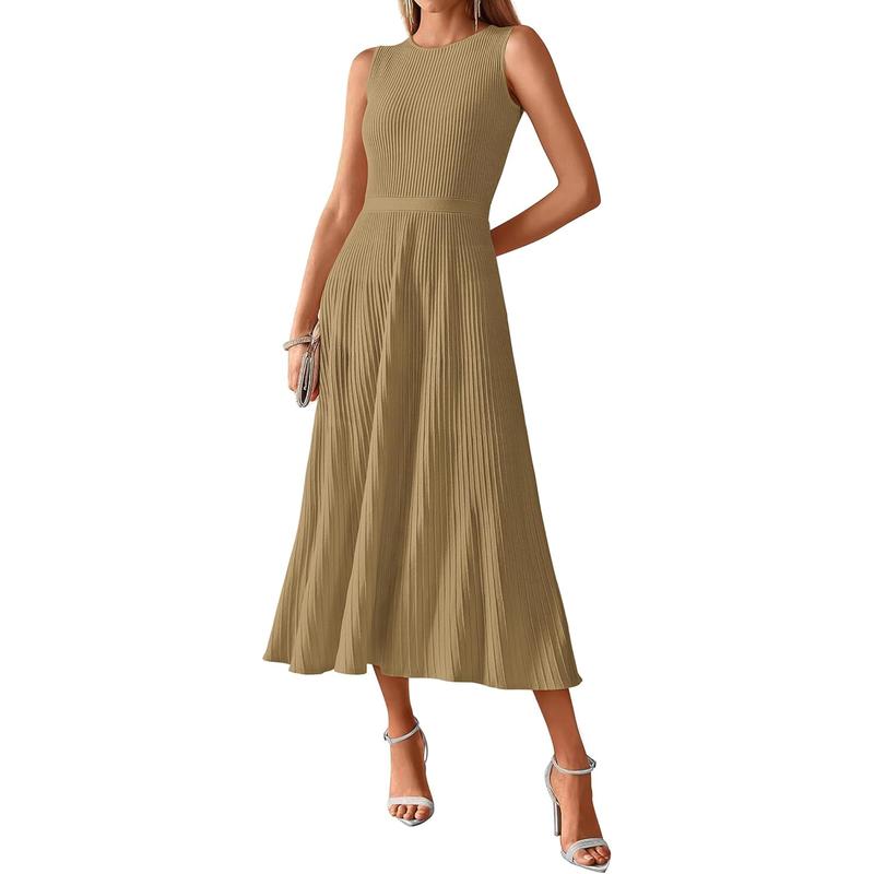 Women's Midi Bodycon Tank Dress Summer Crewneck Rib Knit Sleeveless Pleated Swing A Line Business Casual Dresses
