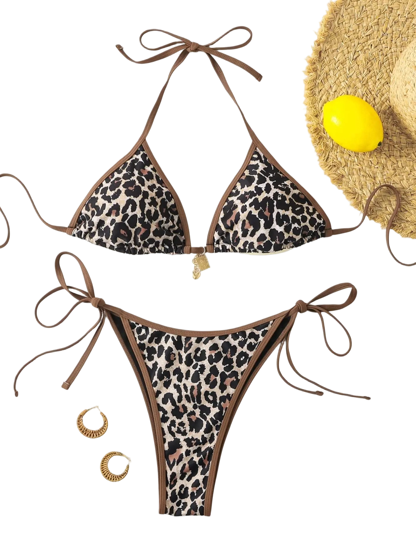 Women's All Over Print Bikini Set, Chic Halter Neck Swim Bra & Tie Side Swim Thong
