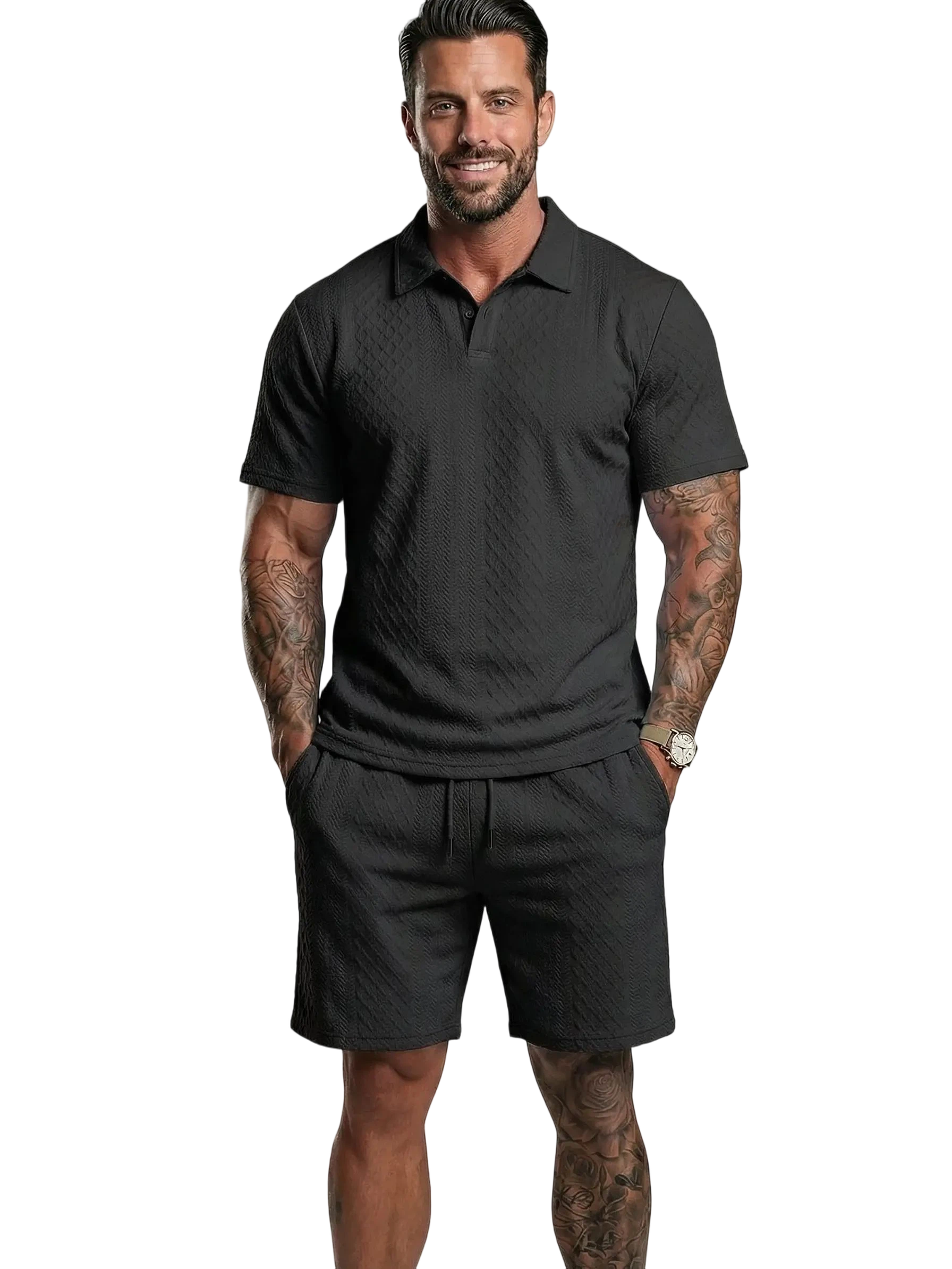 Men’s Polo Shirt & Drawstring Shorts Set – Breathable Casual 2-Piece Outfit