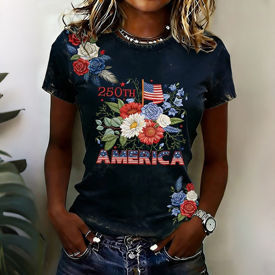 Ladies' Casual American National Day Floral Print Round Neck T-Shirt
