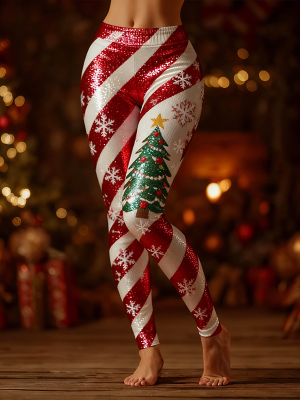 Women's Christmas Tree And Snowflake Stripes Art Print Leggings