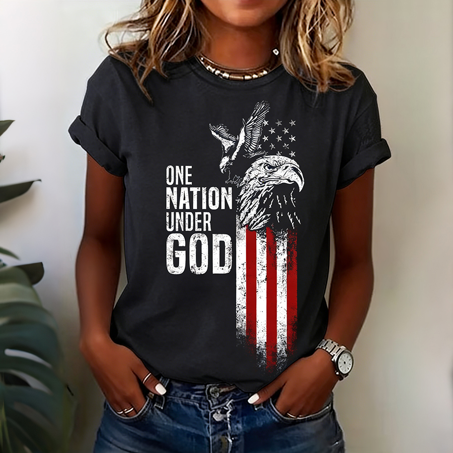 Ladies' Casual American Flag Printed Round Neck Short Sleeved T-Shirt