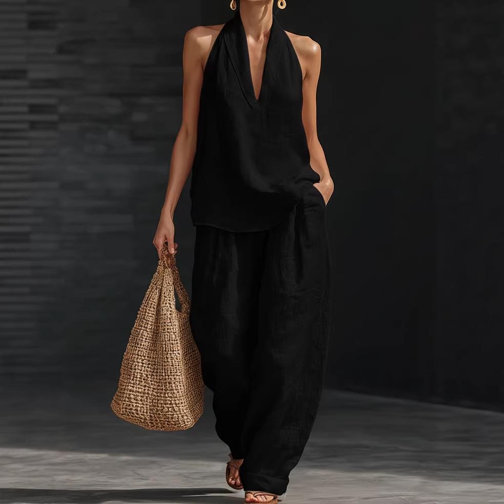 Boho Halter Neck Two Piece Set-Sleeveless Top Wide Leg Pants Set