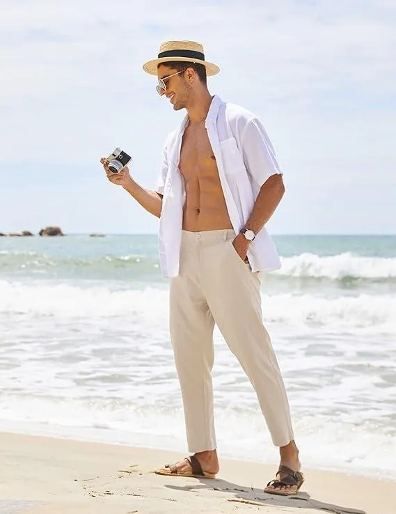 Men's Cotton Linen Pants Elastic Waist Lightweight Casual Pants Slim Fit Yoga Beach Pants