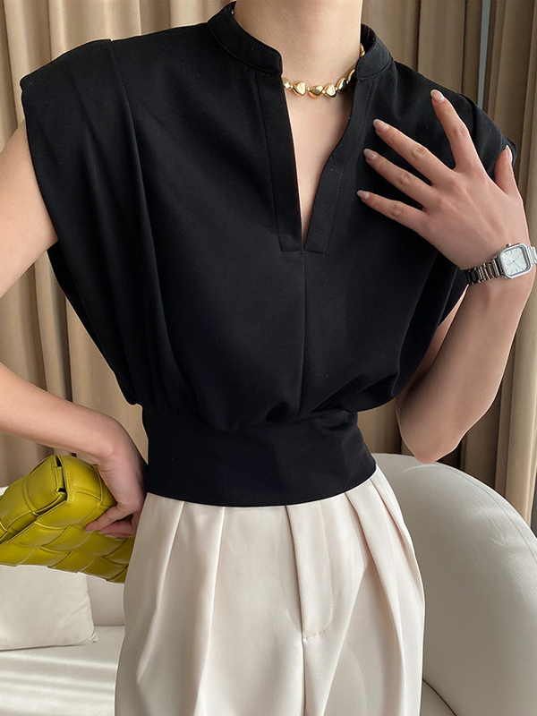 Pleated Shoulder Pad Solid Color Loose Sleeveless V-Neck T-Shirts Tops