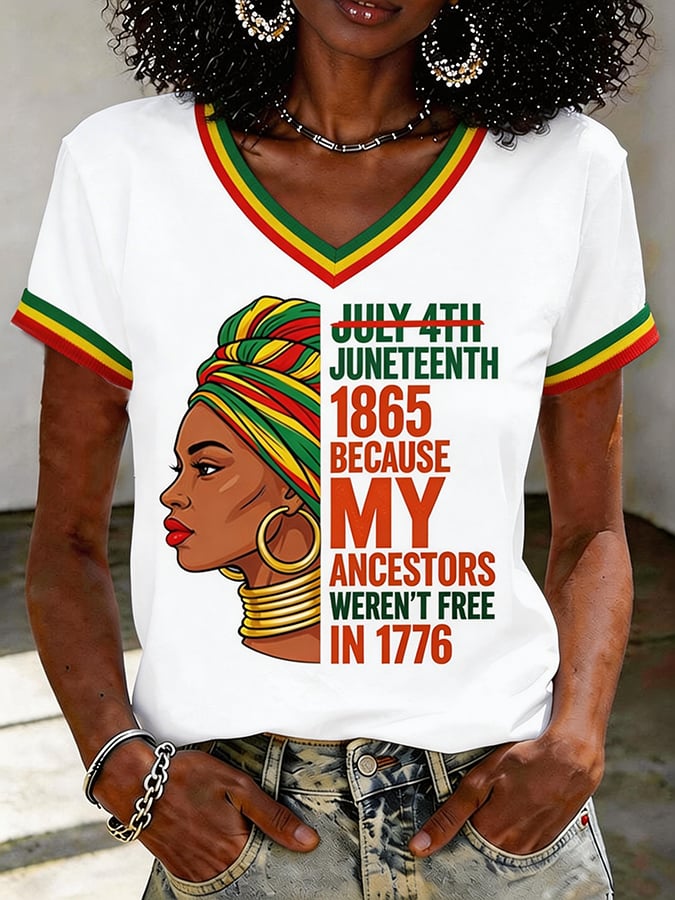 July 4th, 1865, Juneteenth, Because My Ancestors Were Not Freed In 1776. Women'S Black Juneteenth Print T-Shirt.
