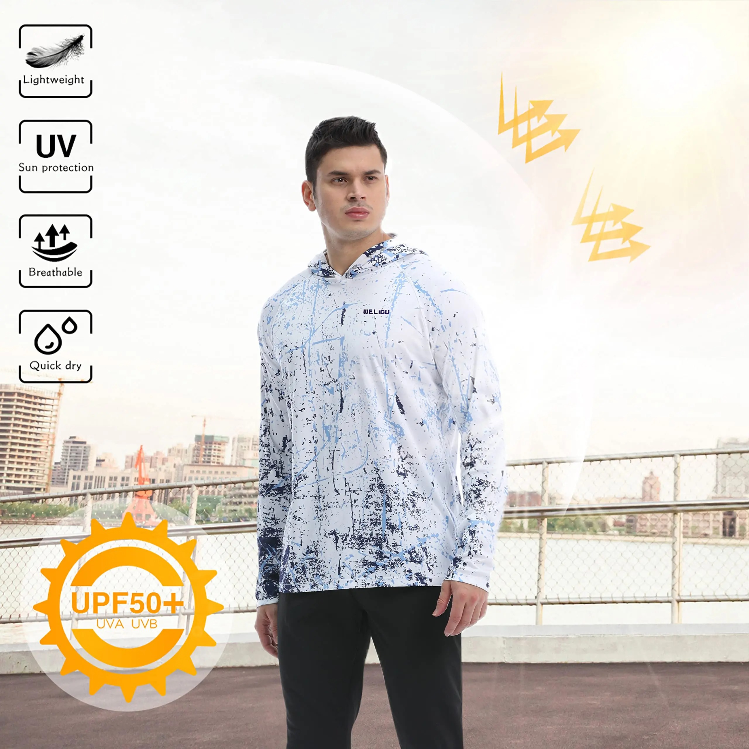 Men's UPF 50+ Sun Protection Hoodie Shirt Long Sleeve SPF Fishing Outdoor UV Hiking Lightweight Shirts