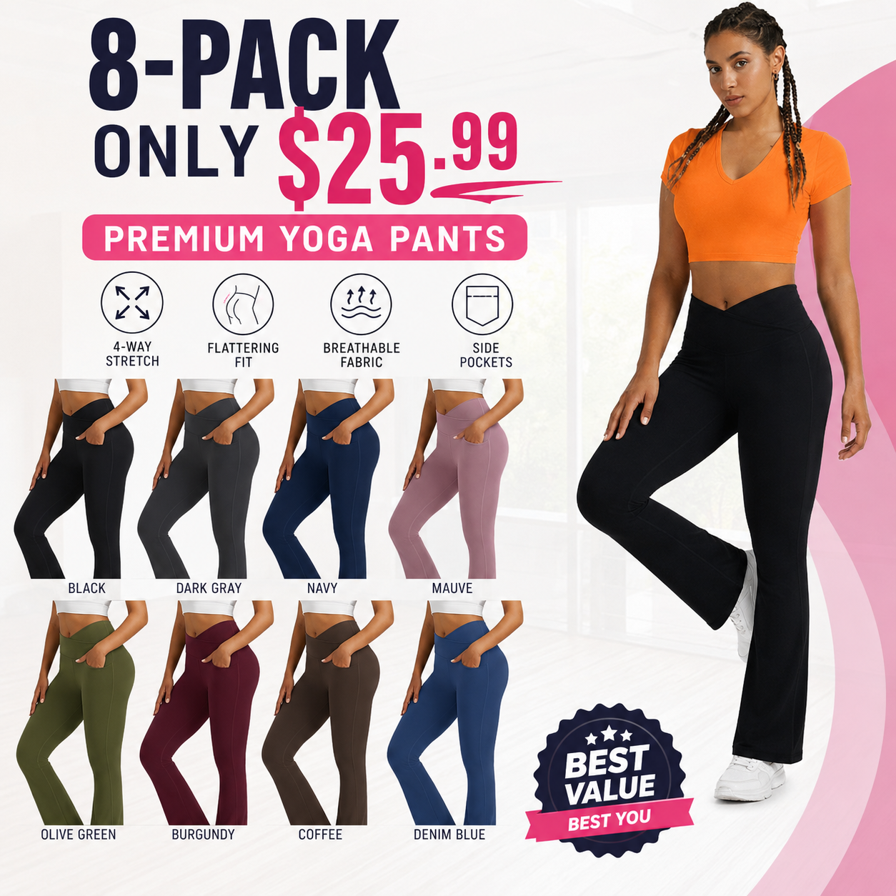 Women's Solid-Color Wide-Leg Yoga Pants — Tummy Control & Butt-Lifting
