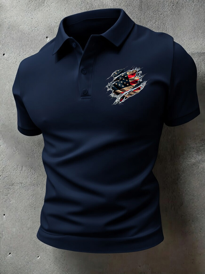 Men'S American Flag Printed Casual Polo Shirt