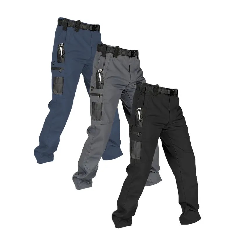 Men's Solid Color Waterproof Tactical Work Pants - 3-Piece Set, Belt-Free, Multi-Pocket, Durable Outdoor Hiking & Casual Pants (Regular Fit)