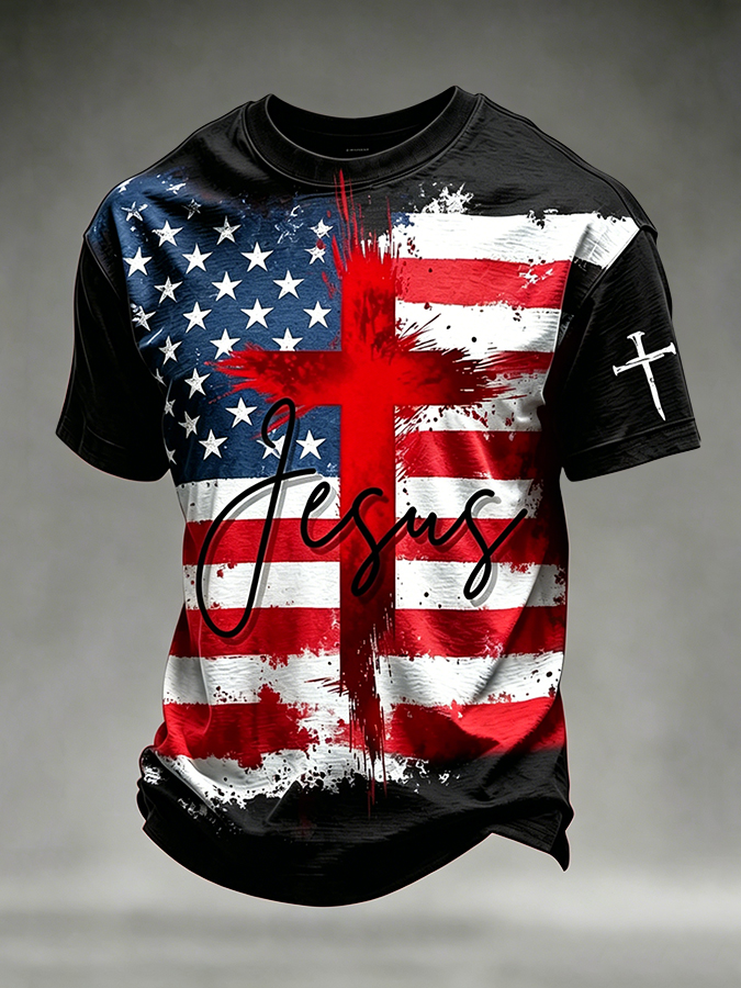 Men's Jesus USA Flag Cross Print Christian T-Shirt
