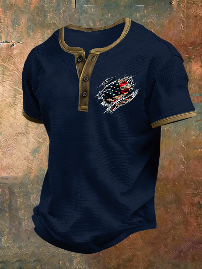 Men'S American Flag Printed Henry Collar Top