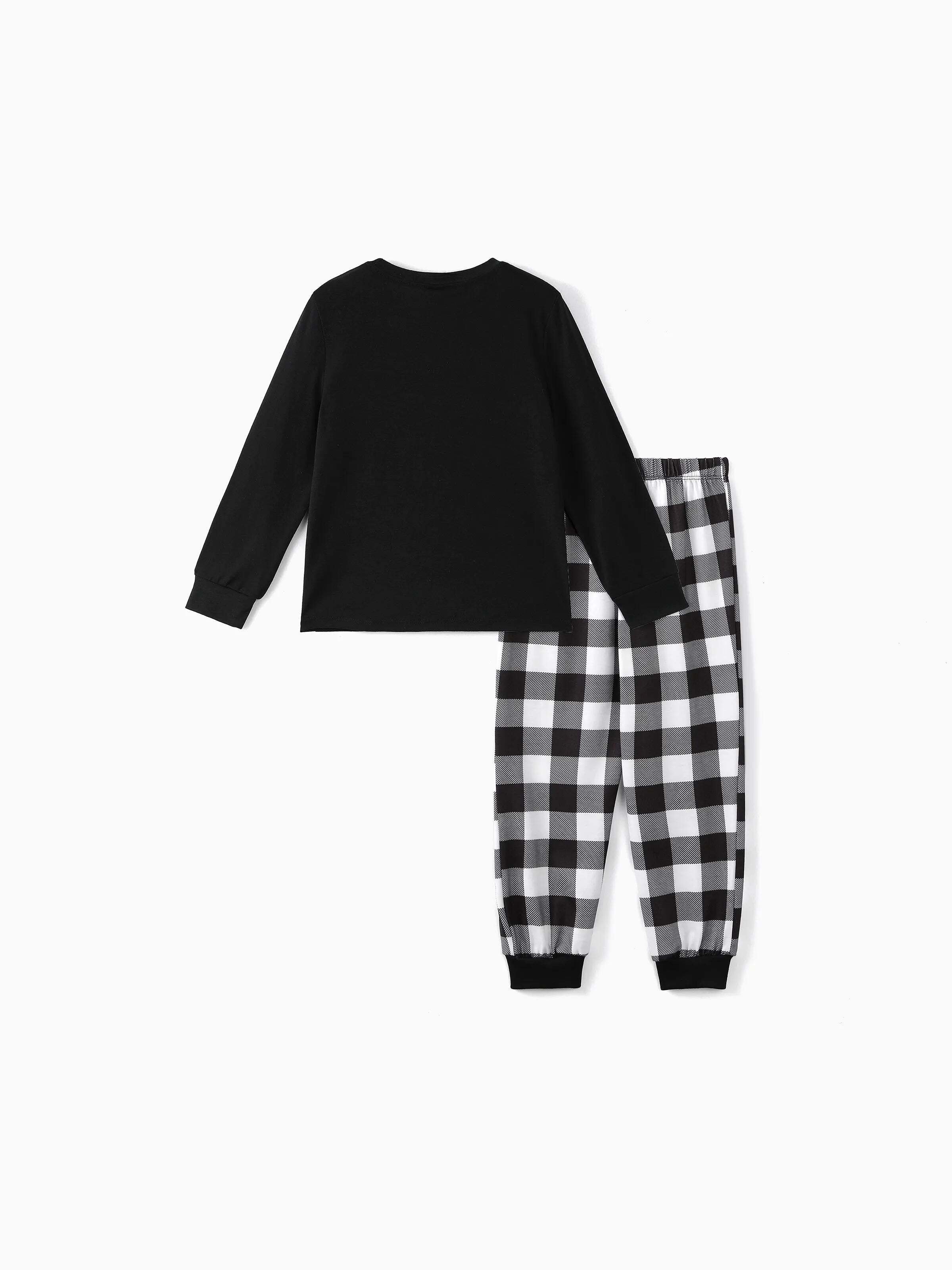 Christmas Family Matching Glow In The Dark Letters Print Long-sleeve Pajamas Sets with Christmas Socks Black+White