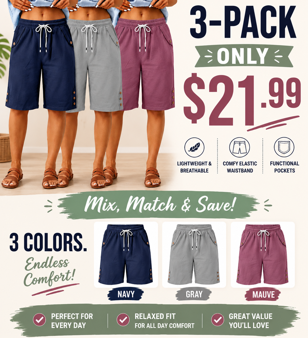 Women's Loose Bermuda Shorts – Elastic Waist with Drawstring