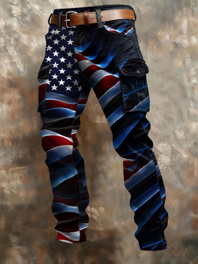 Men'S Retro American Flag Printed Multi Pocket Pants