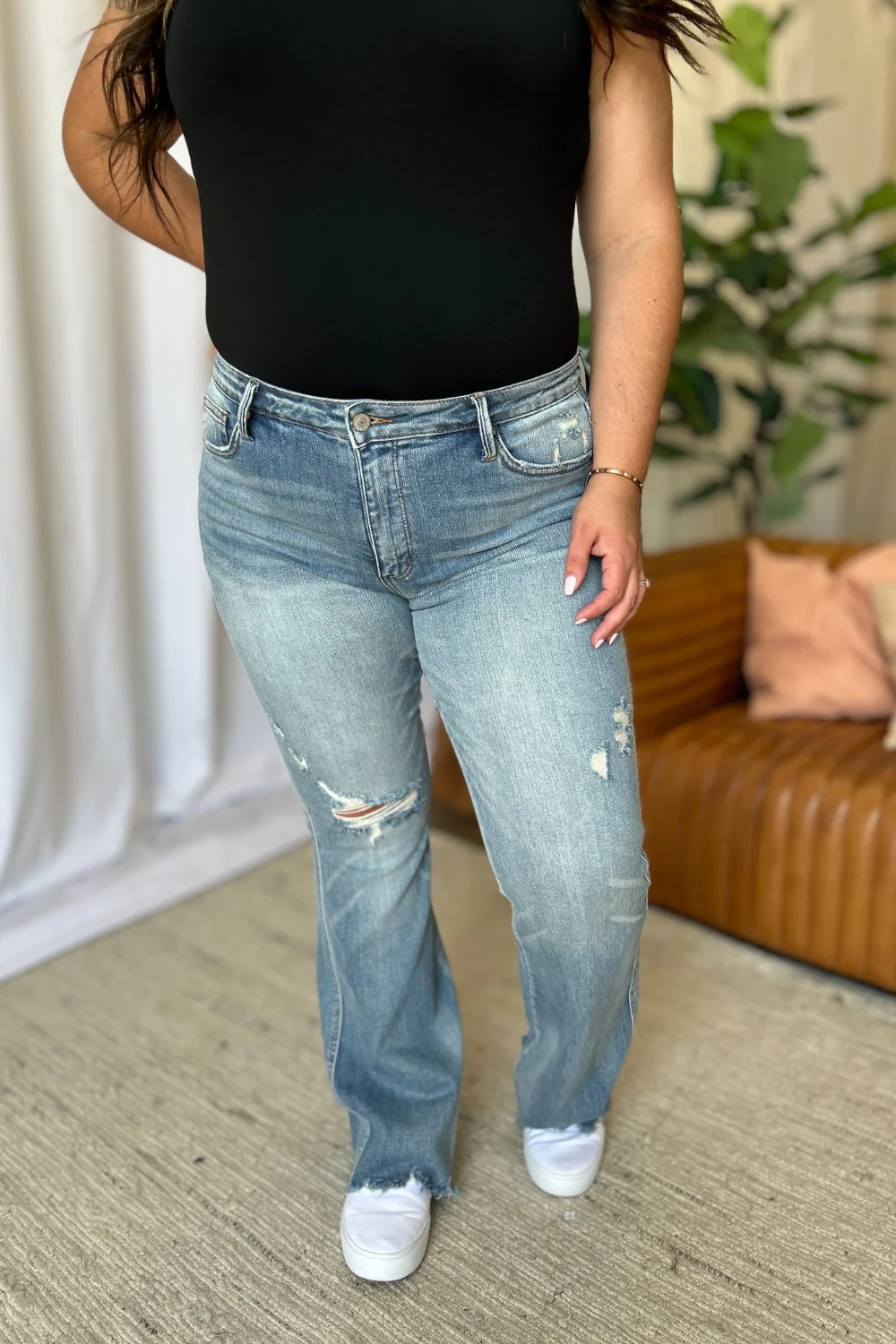 Blue Full Size Medium Rise Tummy Control Destroy Flare