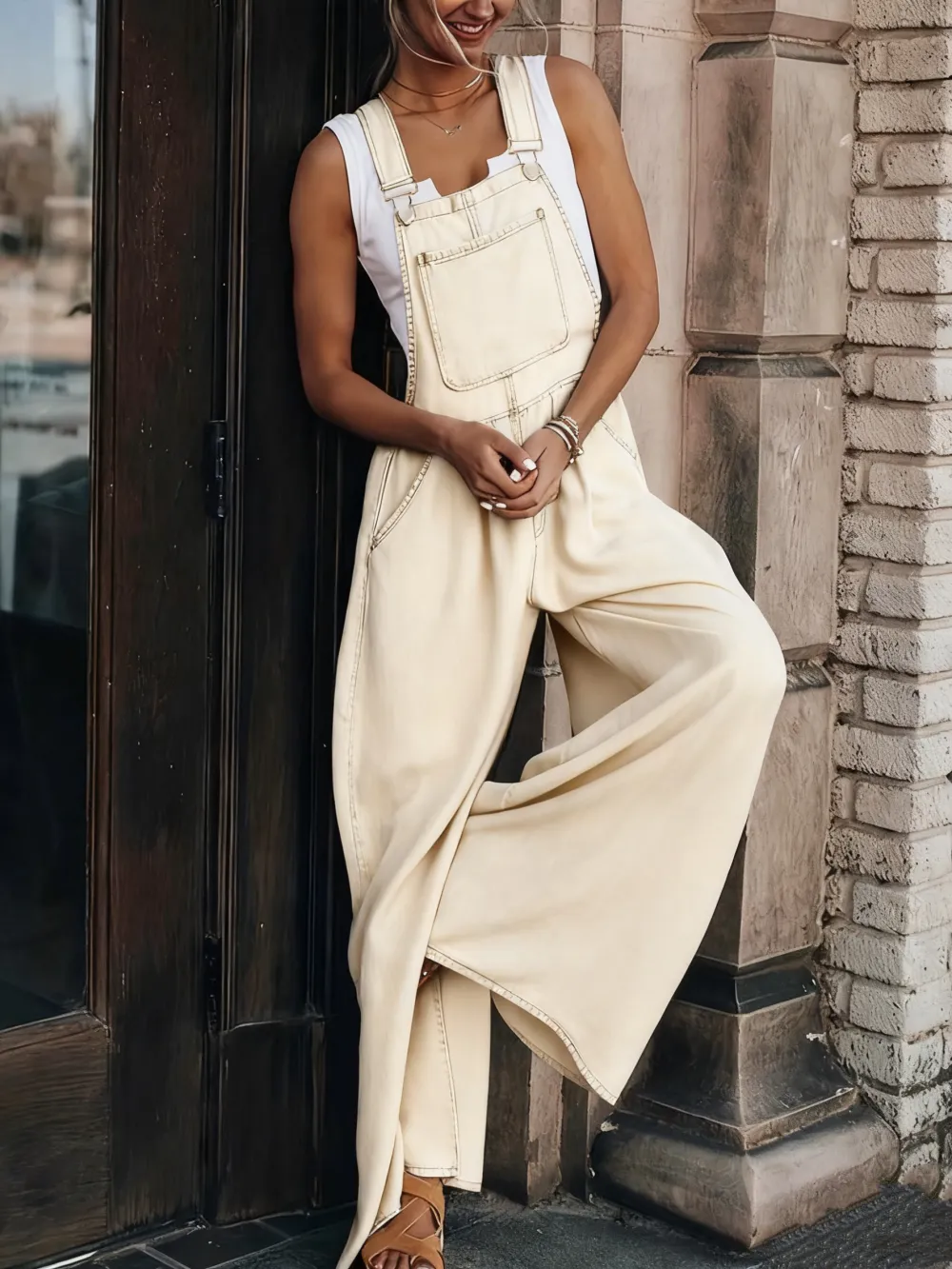 Women's Denim-Effect Print Plicated Wide Leg Overalls Jumpsuit