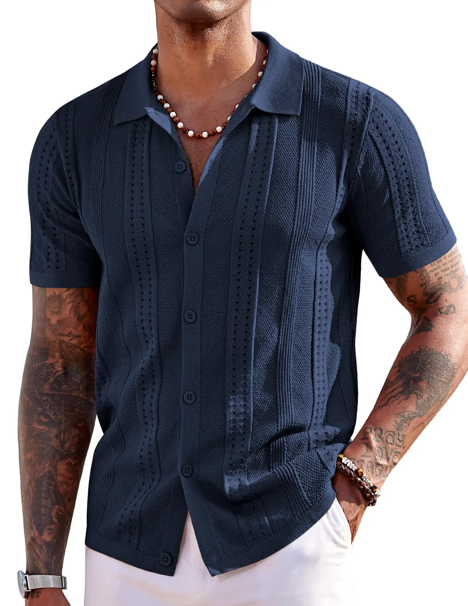 Men's Knit Shirts Short Sleeve Button Down Polo Shirt Fashion Casual Summer Beach Shirts Menswear Top