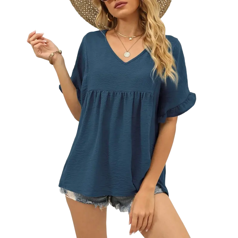 Womens Tops Casual V Neck Ruffle Sleeve T Shirts Babydoll Loose Fit Peplum Tops