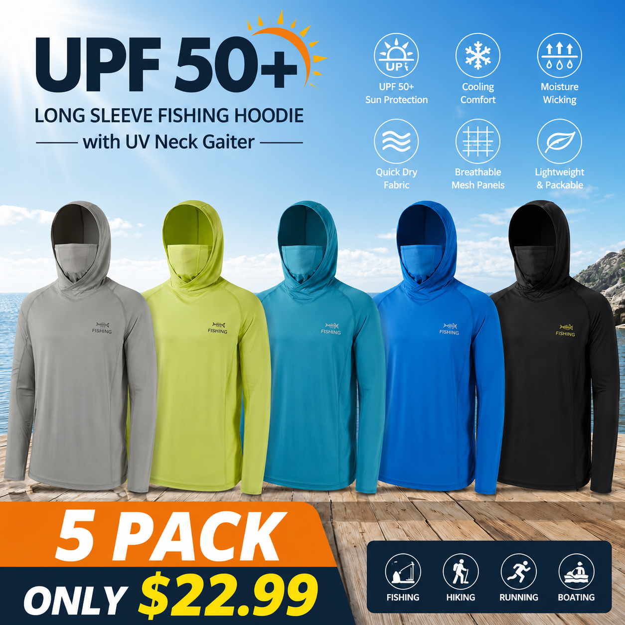 Men’s UPF 50+ Long Sleeve Fishing Hoodie with UV Neck Gaiter