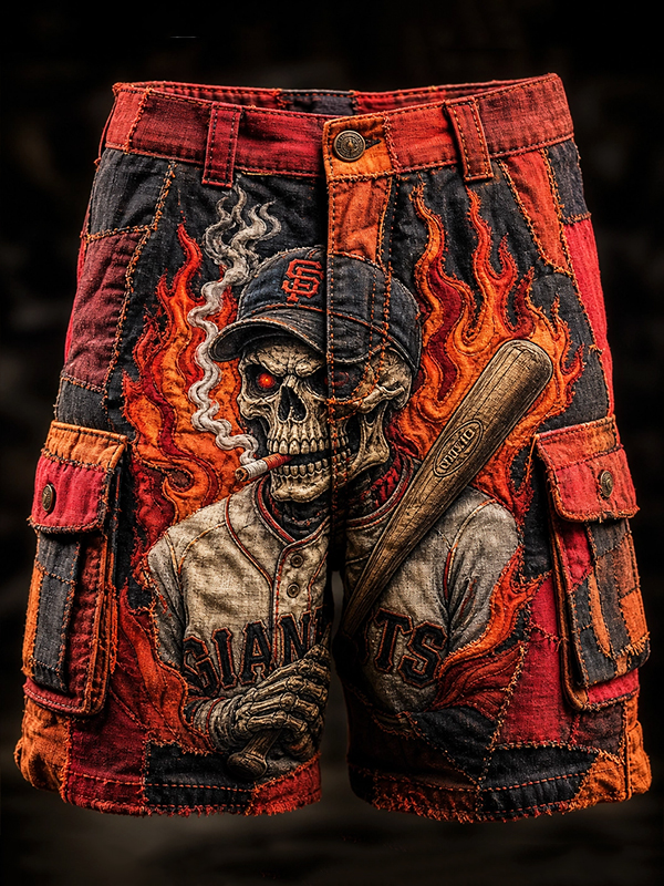 Men's Vintage Flame Skull Baseball Art Print Casual Shorts