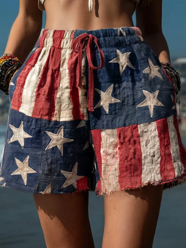 Women's American Flag Stars Stripes Print Casual Shorts