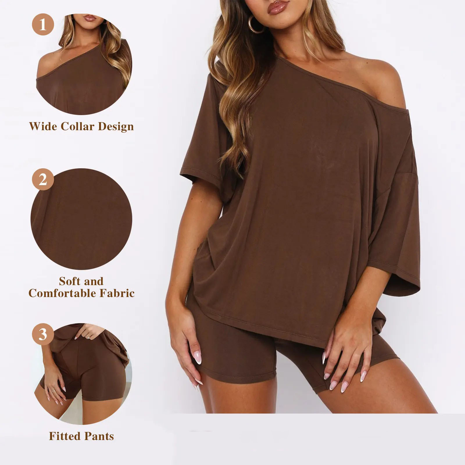 Women's Off Shoulder Lounge Set – Relaxed Top & Fitted Shorts 2-Piece Pajama Set