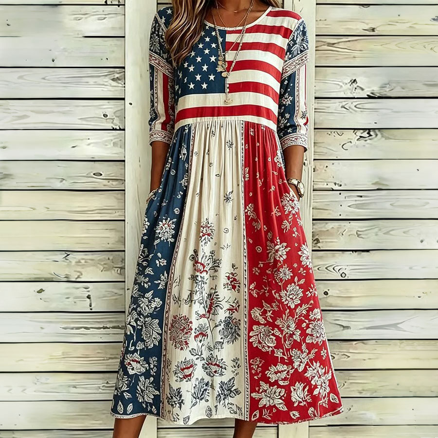 Women's Retro American Anniversary Flower Art Printed Dress