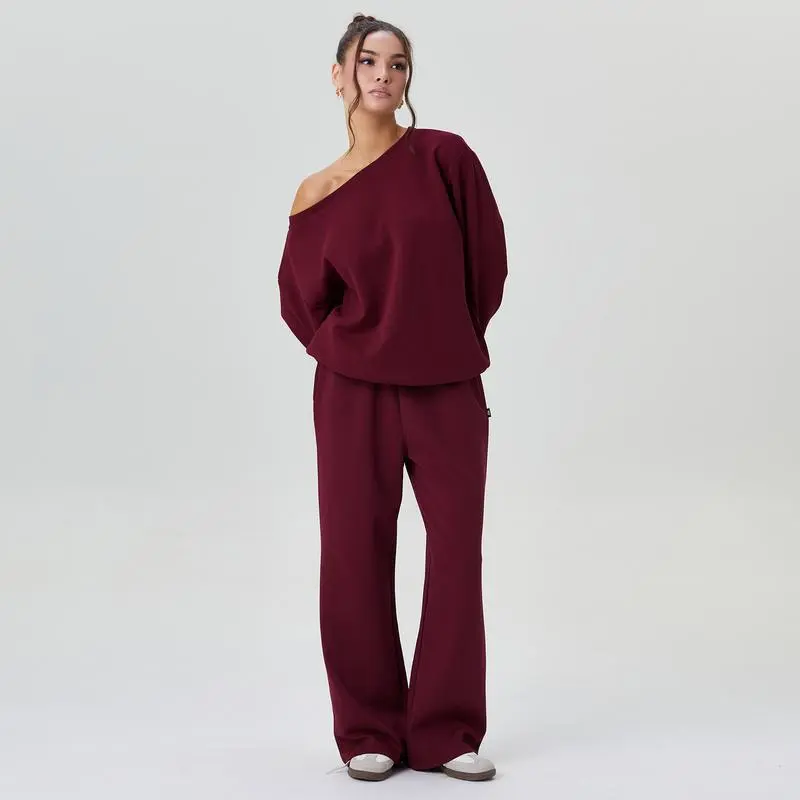 Women's Leisure Solid Color Sloping Shoulder Long Sleeve Top & Wide Leg Trousers Co-ord