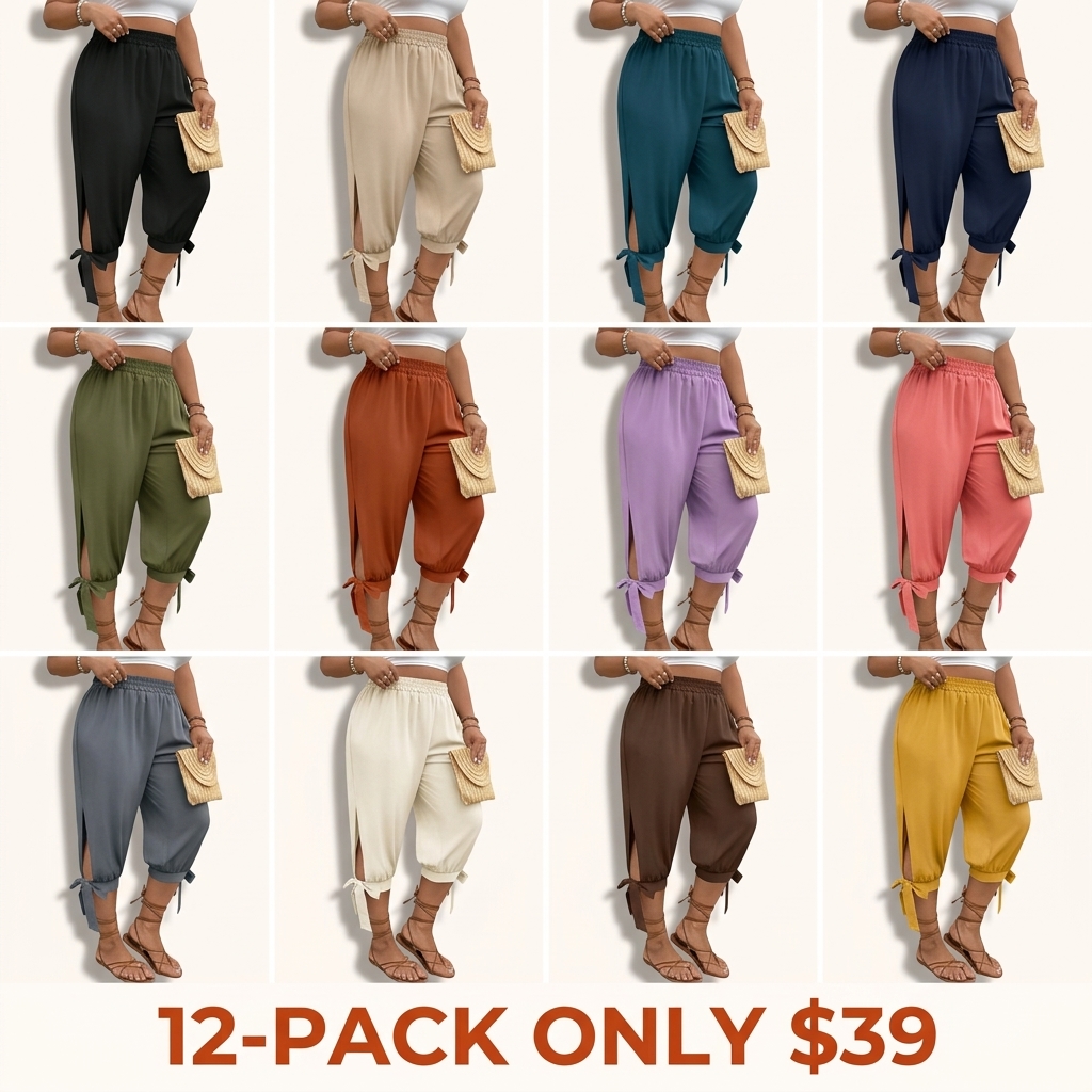 Plus-Size Solid-Color Cropped Pants — Commuter-Style Casual Trousers with Elastic Waist (Featuring Side Slits and Bow Details)