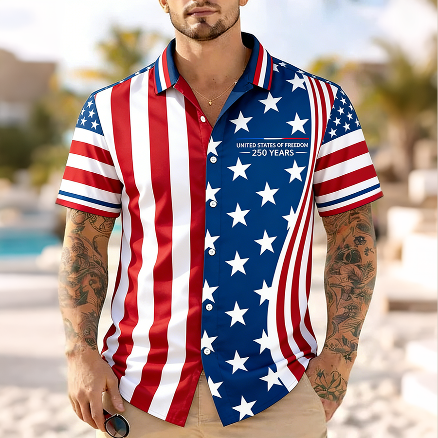 Men'S Casual American Flag Color Blocked Art Print Hawaiian Shirt