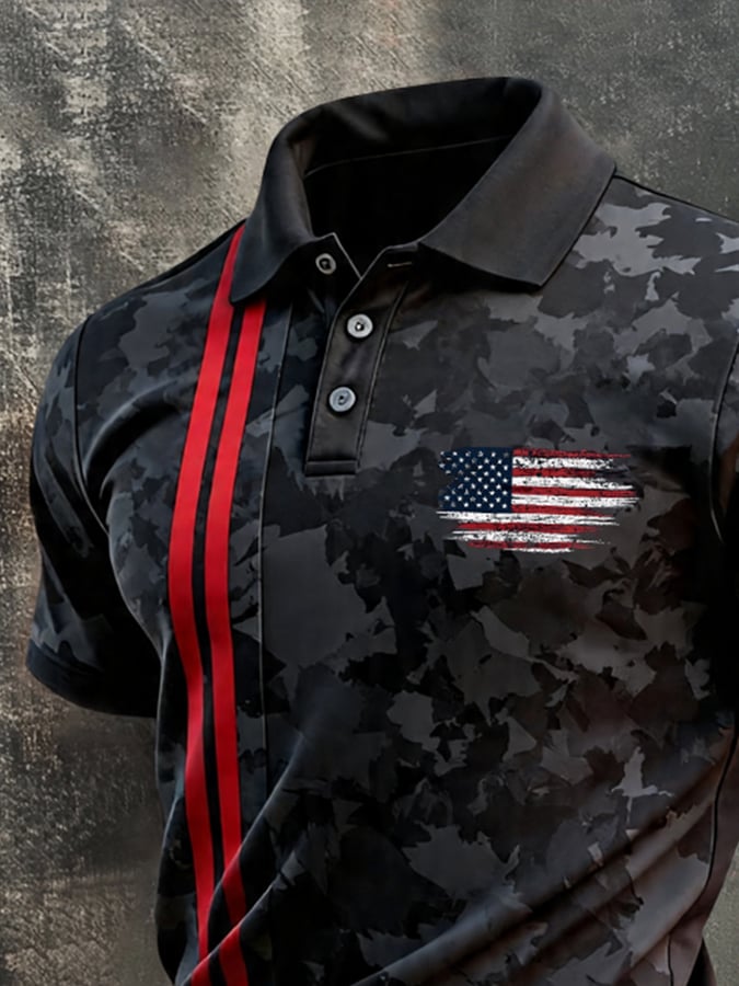 Men's Retro Patriotic Color-Block Short-Sleeve Polo Shirt