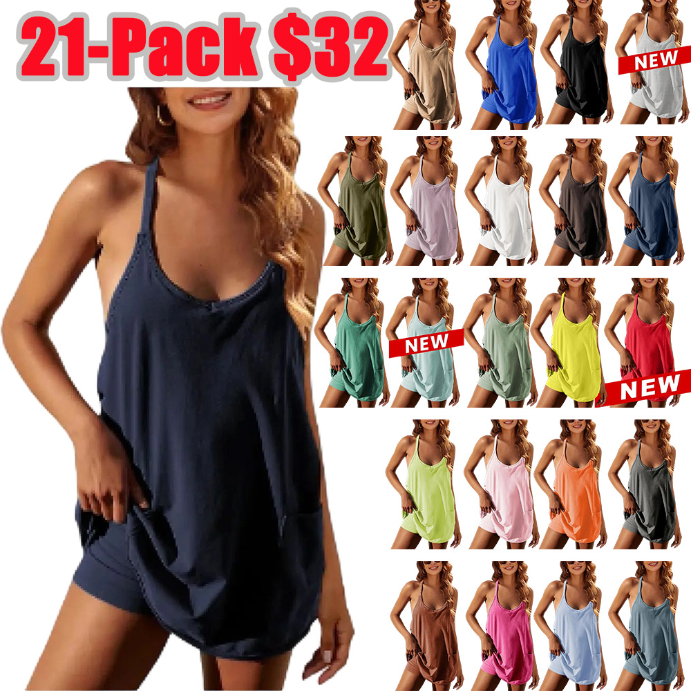 Women's Summer Sleeveless Mini Dress V Neck Spaghetti Straps Athletic Built-in Shorts Sundress SummerVibes