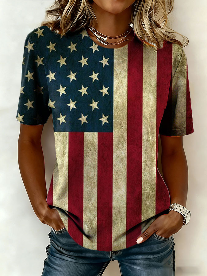 Women'S Retro American Flag Printed Casual T-Shirt