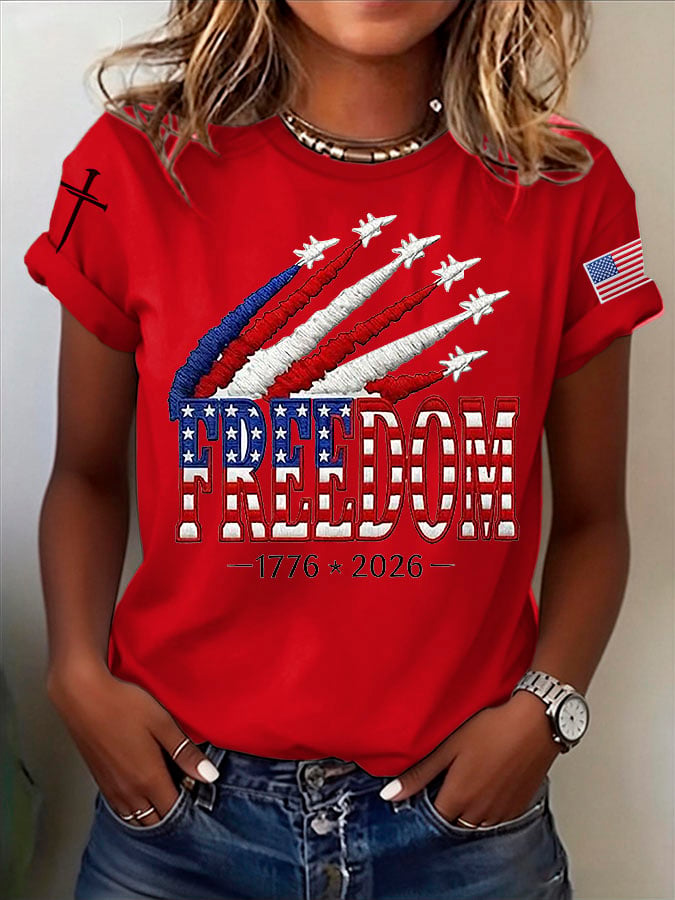 Women's Retro Freedom American Flag Cross Print T-Shirt