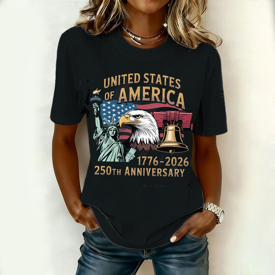 Ladies' Casual American Celebration Statue Of Liberty Short Sleeved Round Neck T-Shirt