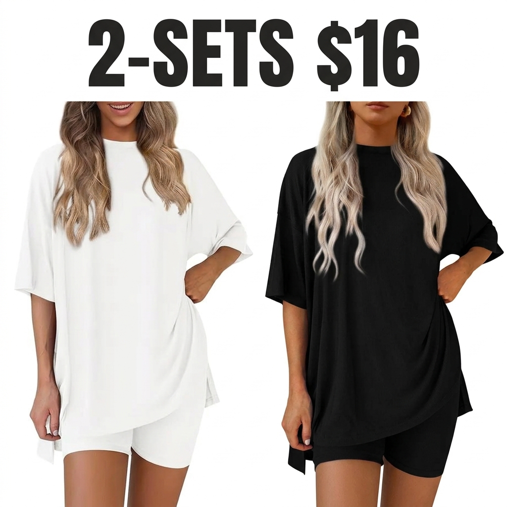 Two-Piece Set For Women Summer Casual Oversized Split Hem Shirts & Side Pocket Biker Shorts
