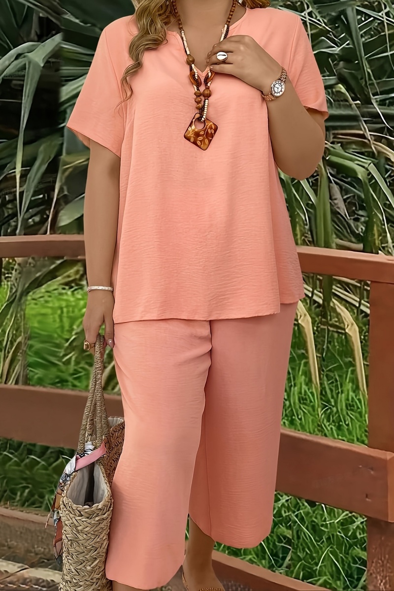 Elegant Plus Size Women's Solid Color Short Sleeve Fashion Top & Casual Wide Leg Pants Set
