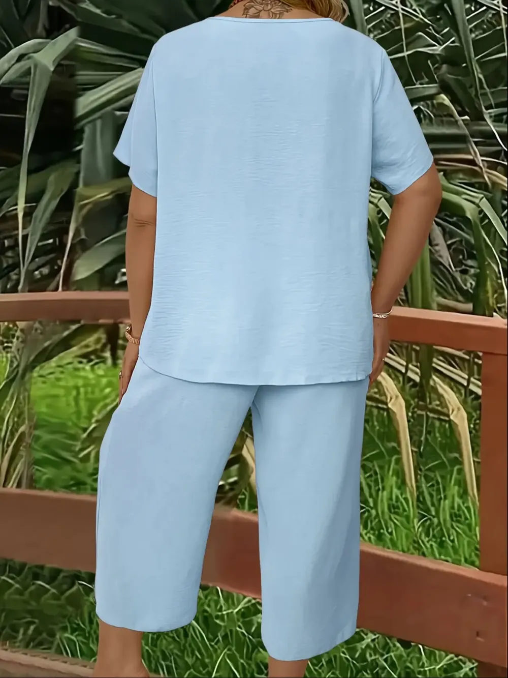 Women's Solid Color Short Sleeve Fashion Top & Casual Wide Leg Pants Set, Summer, Comfortable & Stylish