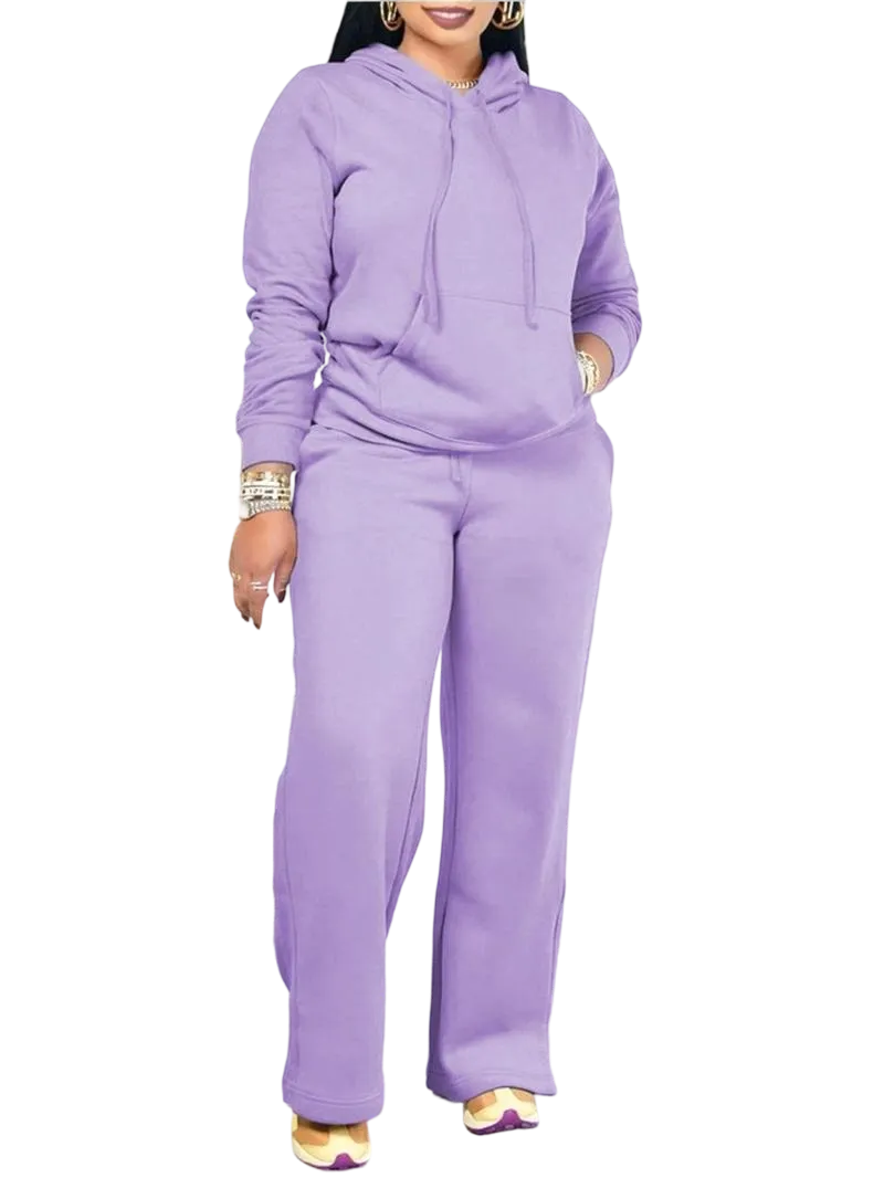 Women's solid color drawstring hoodie and high-waisted pants set