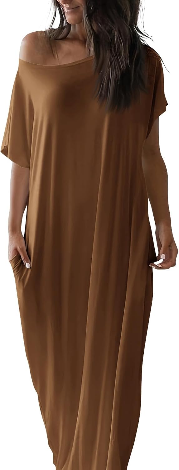Womens Off the Shoulder Dress Batwing Short Sleeve Long Tshirt Dress with Pockets Casual Summer Loose Lounge Dresses