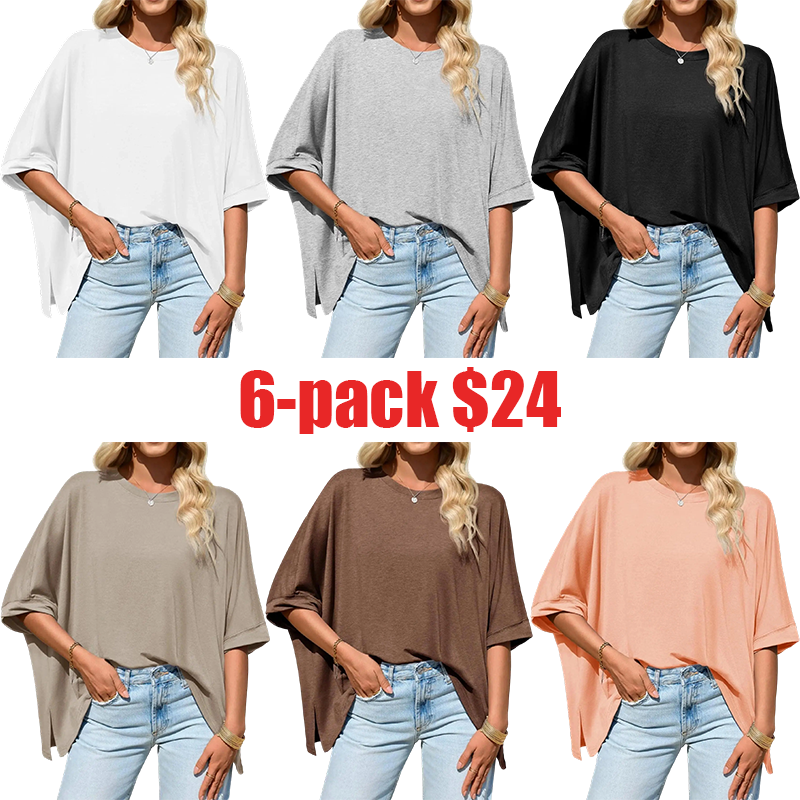 Women's Oversized Batwing Short Sleeve T-Shirt – Asymmetric Hem Loose Fit Casual Summer Tunic Tee