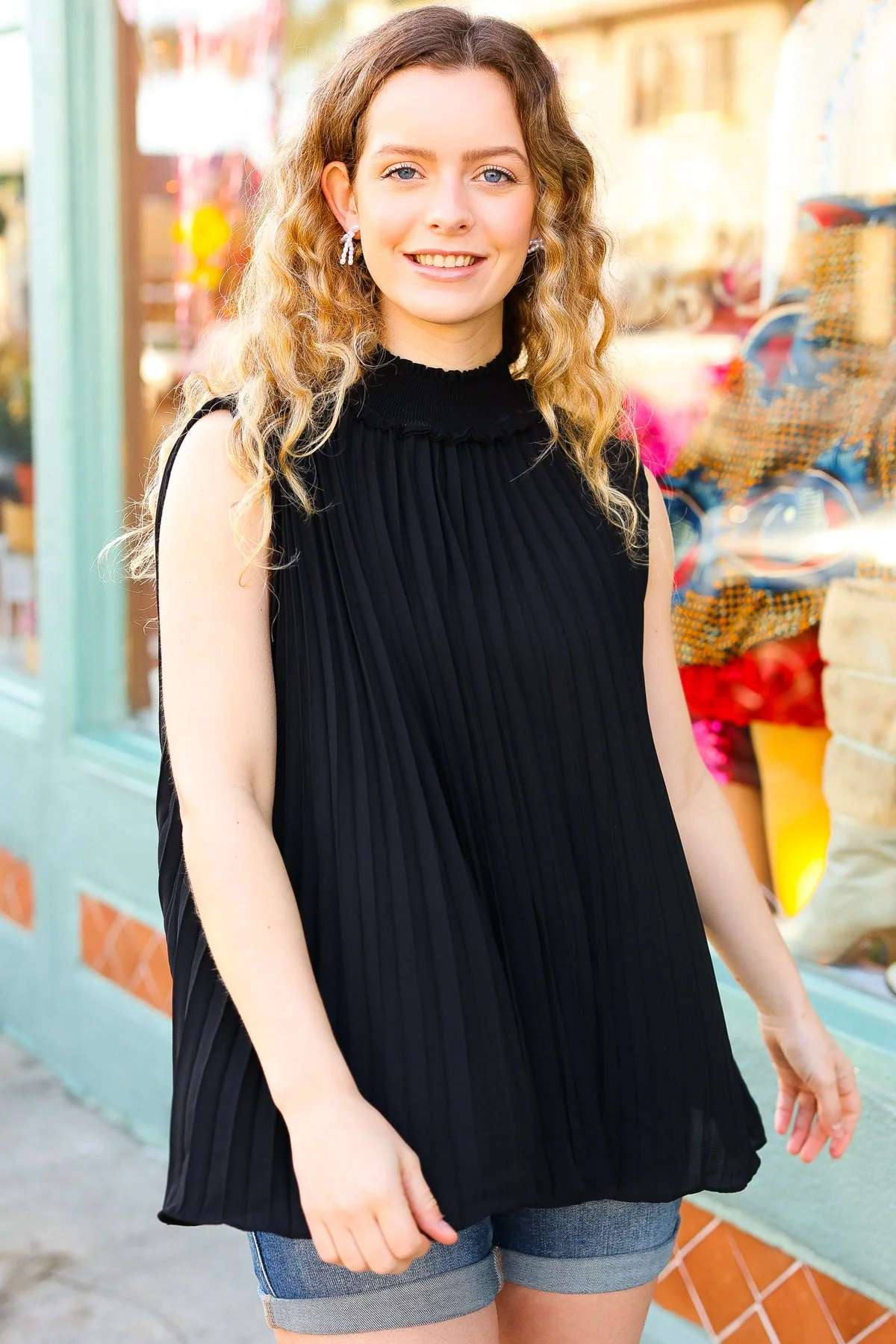 Sweet New Days Smocked Neck Pleated Sleeveless Top in Black
